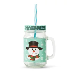 Karácsonyi hóember mintás üvegbögre szívószállal - 450 ml