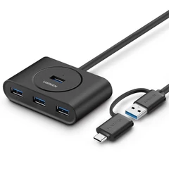 UGREEN 4 kimeneti portos elosztó USB-C és USB-A csatlakozóval, micro USB tápbemenettel, 1m - Fekete