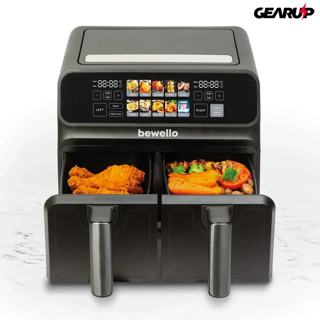 Kép 1/2 - XXL forró levegős, olaj nélküli sütő dupla kosárral, színes érintőkijelzővel – 4+4L, 2200W