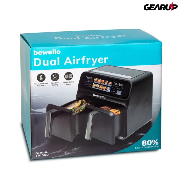 Kép 2/2 - XXL forró levegős, olaj nélküli sütő dupla kosárral, színes érintőkijelzővel – 4+4L, 2200W