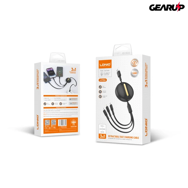 Kép 7/7 - LDNIO 3 az 1-ben kihúzható gyorstöltő kábel, Type-C/Lightning/Micro USB, 1,1 m, 4,2A - Fekete