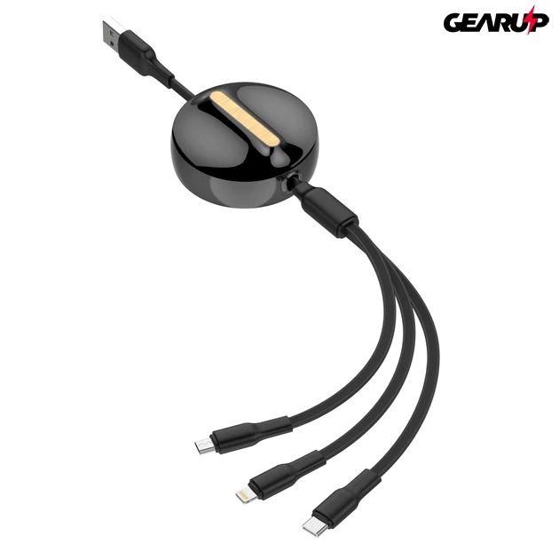 Kép 1/7 - LDNIO 3 az 1-ben kihúzható gyorstöltő kábel, Type-C/Lightning/Micro USB, 1,1 m, 4,2A - Fekete