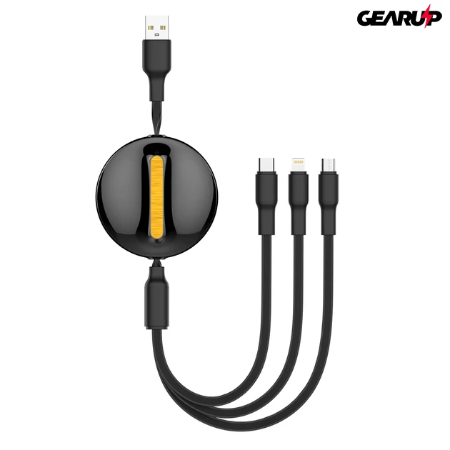 Kép 3/7 - LDNIO 3 az 1-ben kihúzható gyorstöltő kábel, Type-C/Lightning/Micro USB, 1,1 m, 4,2A - Fekete