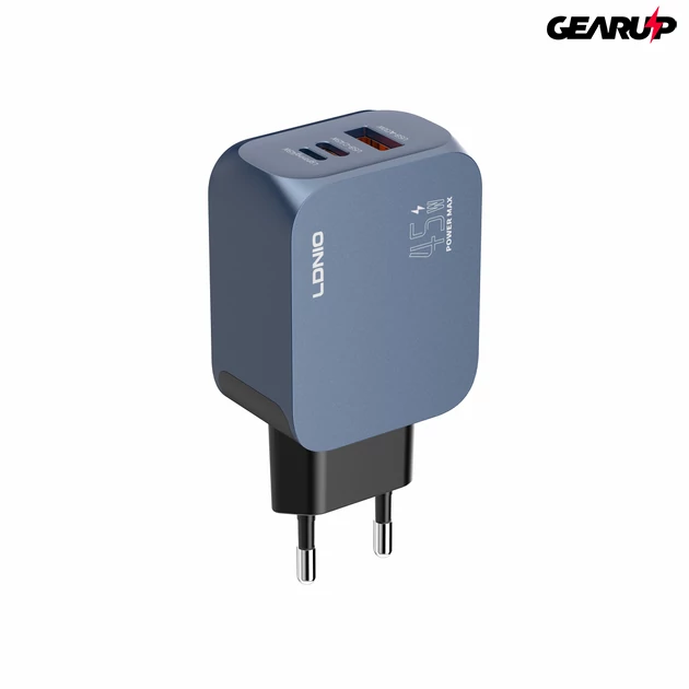 Kép 1/7 - LDNIO Q6 45W GaN hálózati gyorstöltő többportos kialakítással (USB-C + Lightning + USB-A)