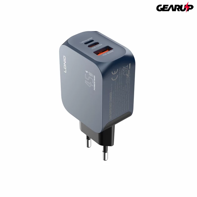 Kép 4/7 - LDNIO Q6 45W GaN hálózati gyorstöltő többportos kialakítással (USB-C + Lightning + USB-A)