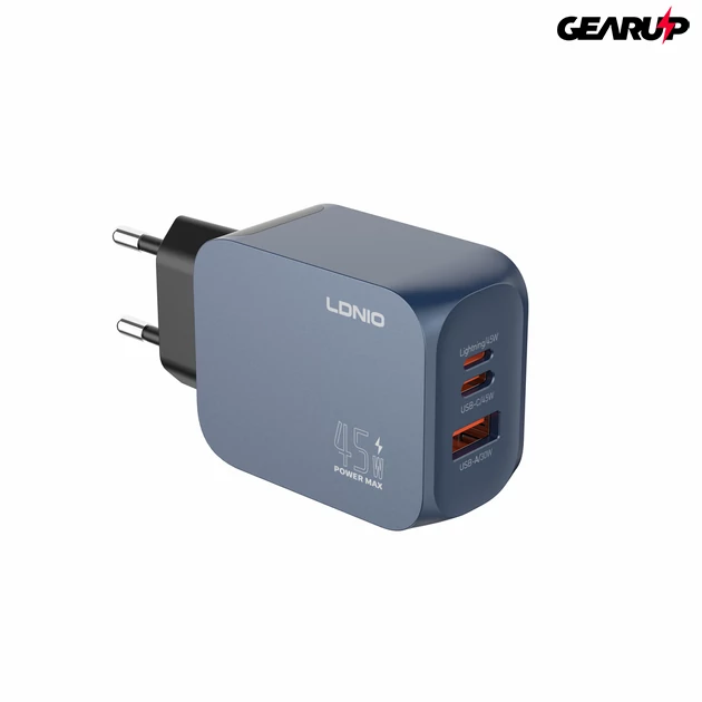 Kép 5/7 - LDNIO Q6 45W GaN hálózati gyorstöltő többportos kialakítással (USB-C + Lightning + USB-A)