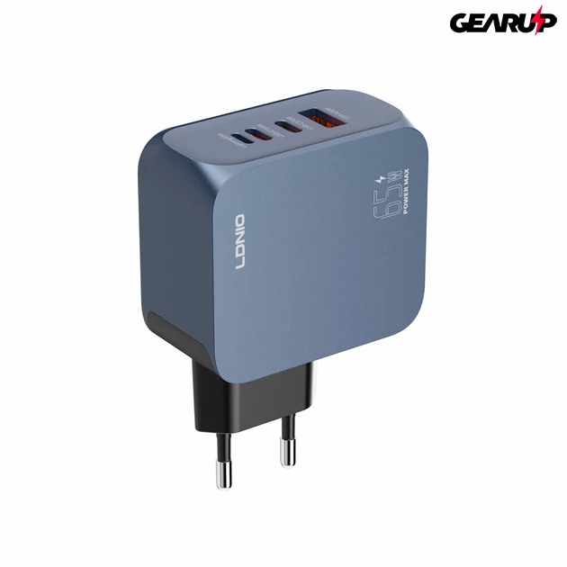 Kép 1/7 - LDNIO Q7 65W GaN hálózati gyorstöltő többportos kialakítással (2xUSB-C + Lightning + USB-A)