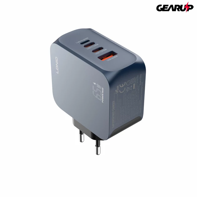 Kép 4/7 - LDNIO Q7 65W GaN hálózati gyorstöltő többportos kialakítással (2xUSB-C + Lightning + USB-A)