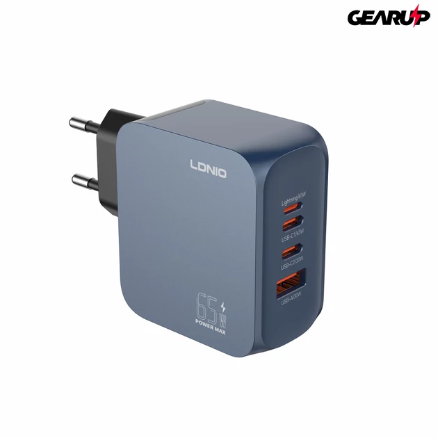 Kép 5/7 - LDNIO Q7 65W GaN hálózati gyorstöltő többportos kialakítással (2xUSB-C + Lightning + USB-A)