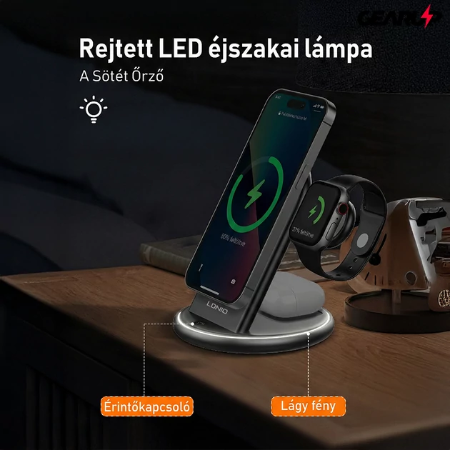 Kép 7/7 - LDNIO 5 az 1-ben vezeték nélküli töltőállvány – telefon/fülhallgató/okosóra töltés + éjjeli fény, telefontartó