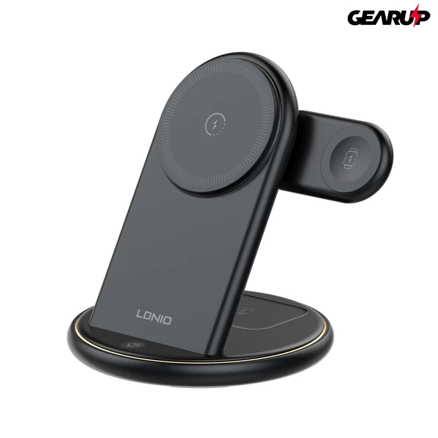Kép 1/7 - LDNIO 5 az 1-ben vezeték nélküli töltőállvány – telefon/fülhallgató/okosóra töltés + éjjeli fény, telefontartó