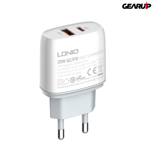 Kép 1/10 - LDNIO mini gyorstöltő USB és USB-C kimenettel, 20W