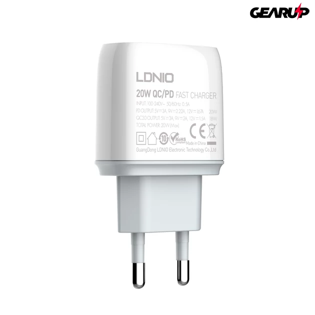 Kép 9/10 - LDNIO mini gyorstöltő USB és USB-C kimenettel, 20W