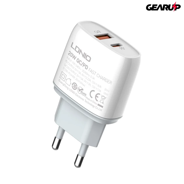 Kép 10/10 - LDNIO mini gyorstöltő USB és USB-C kimenettel, 20W