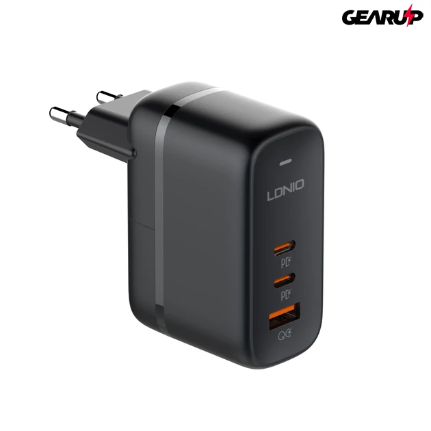 Kép 1/16 - LDNIO GAN gyorstöltő 3 féle kimenettel, USB-C kábellel, 3 cserélhető fejjel utazáshoz, 65W