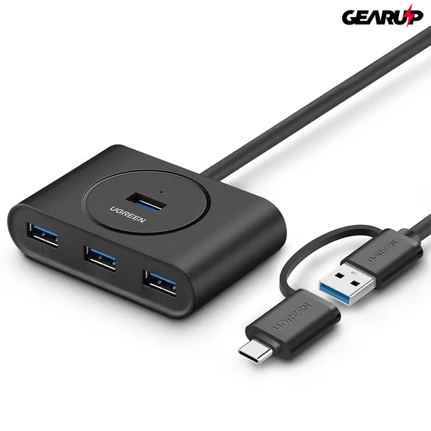 Kép 1/3 - UGREEN 4 kimeneti portos elosztó USB-C és USB-A csatlakozóval, micro USB tápbemenettel, 1m - Fekete