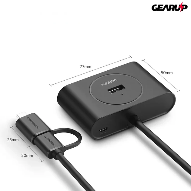 Kép 3/3 - UGREEN 4 kimeneti portos elosztó USB-C és USB-A csatlakozóval, micro USB tápbemenettel, 1m - Fekete