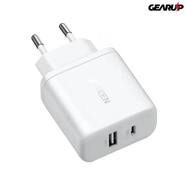 Kép 2/3 - UGREEN 20W-os fali gyorstöltő, dupla porttal (USB-A és USB-C) - Fehér