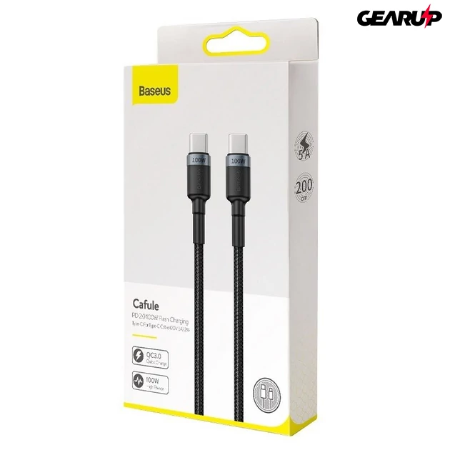 Kép 7/8 - Baseus Cafule USB-C-USB-C kábel - QC 3.0, PD 2.0, 100 W, 5A, 2 m (szürke-fekete)