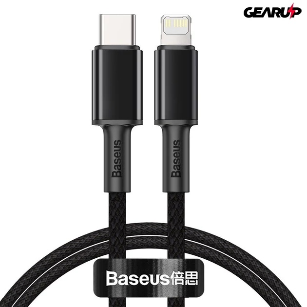 Kép 1/4 - USB-C és Lightning Baseus nagy sűrűségű fonott kábel, 20 W, 5 A, PD, 2 m (fekete)