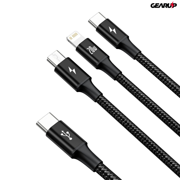 Baseus Rapid Series USB-C 3 az 1-ben kábel, micro USB / Lightning / USB-C, 20 W, 1,5 m (fekete)