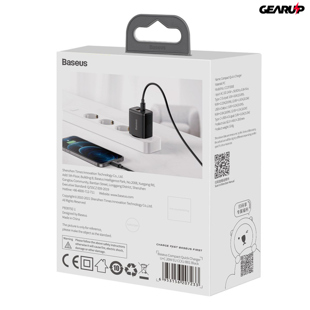 Baseus kompakt gyorstöltő, USB, USB-C, 20 W (fekete)