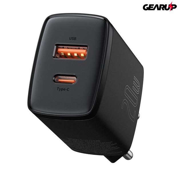 Baseus kompakt gyorstöltő, USB, USB-C, 20 W (fekete)