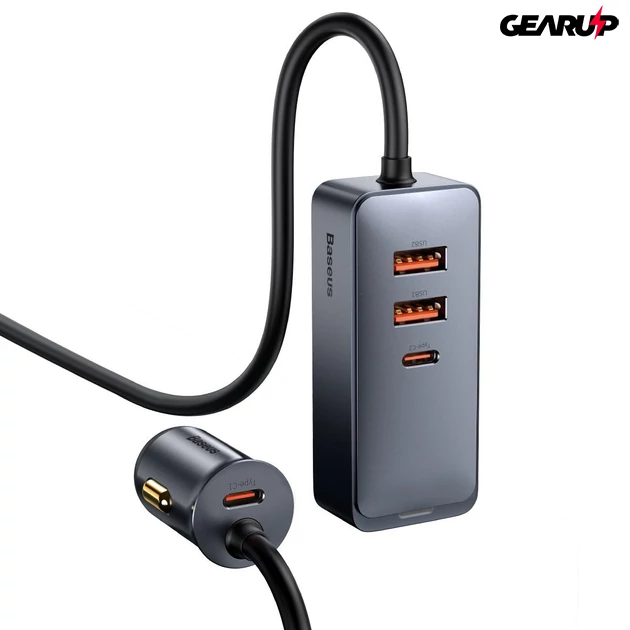 Kép 1/11 - Baseus Share Together autós töltő hosszabbító kábellel, 2x USB, 2x USB-C, 120W (szürke)