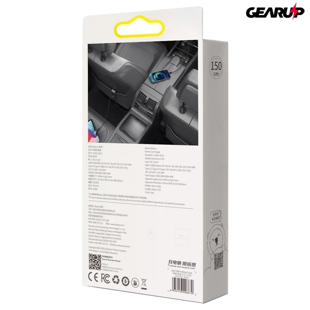 Kép 11/11 - Baseus Share Together autós töltő hosszabbító kábellel 2x USB 2x USB-C 120W (szürke)