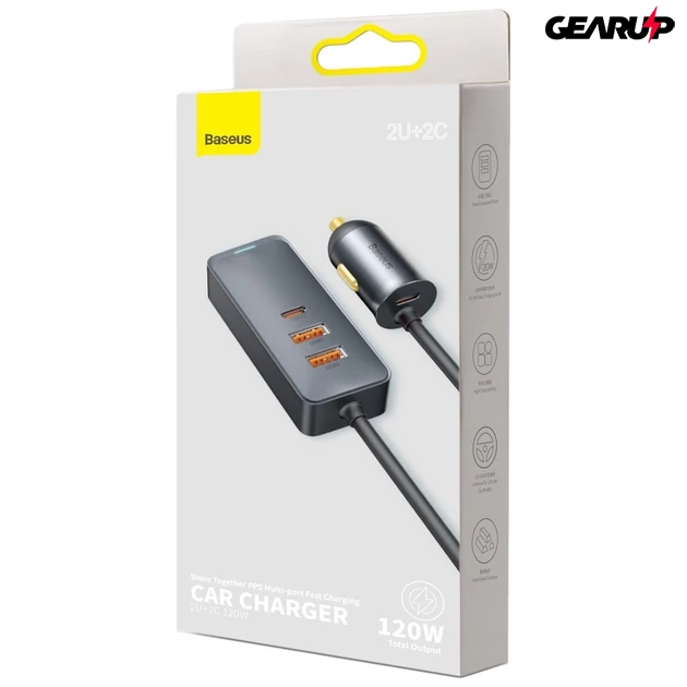 Kép 10/11 - Baseus Share Together autós töltő hosszabbító kábellel 2x USB 2x USB-C 120W (szürke)