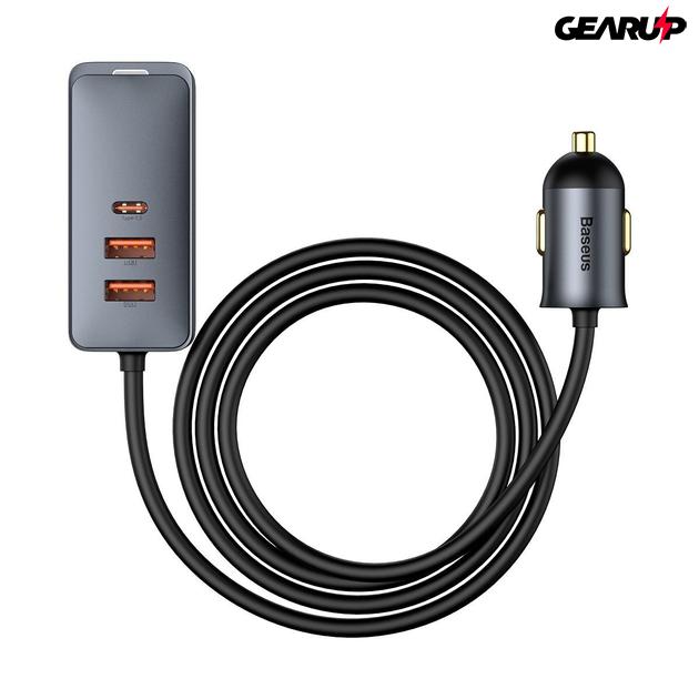 Baseus Share Together autós töltő hosszabbító kábellel 2x USB 2x USB-C 120W (szürke)