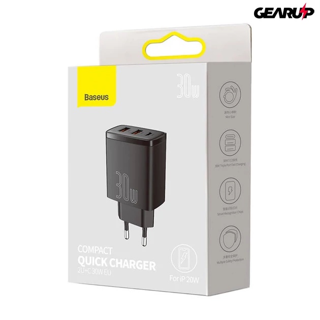 Kép 4/6 - Baseus kompakt gyorstöltő, 2xUSB, USB-C, PD, 3A, 30W (fekete)