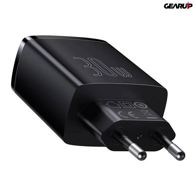 Baseus kompakt gyorstöltő, 2xUSB, USB-C, PD, 3A, 30W (fekete)
