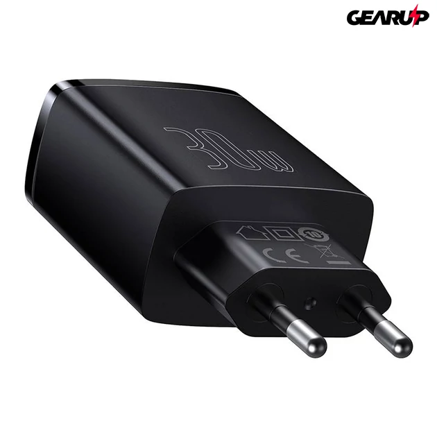Kép 2/6 - Baseus kompakt gyorstöltő, 2xUSB, USB-C, PD, 3A, 30W (fekete)