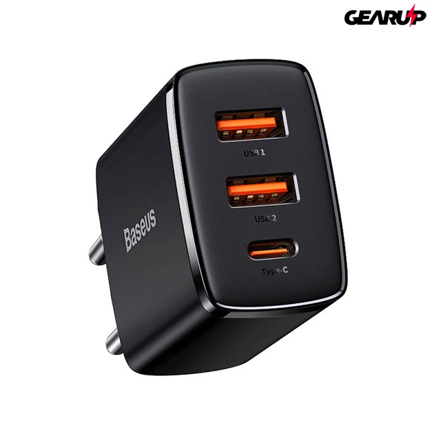 Kép 1/6 - Baseus kompakt gyorstöltő, 2xUSB, USB-C, PD, 3A, 30 W (fekete)