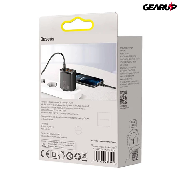Kép 5/6 - Baseus kompakt gyorstöltő, 2xUSB, USB-C, PD, 3A, 30W (fekete)