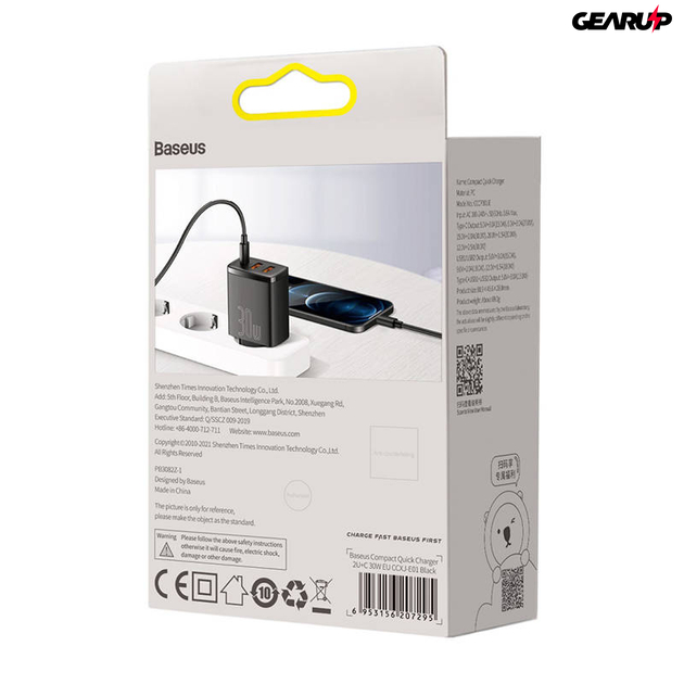 Baseus kompakt gyorstöltő, 2xUSB, USB-C, PD, 3A, 30 W (fekete)