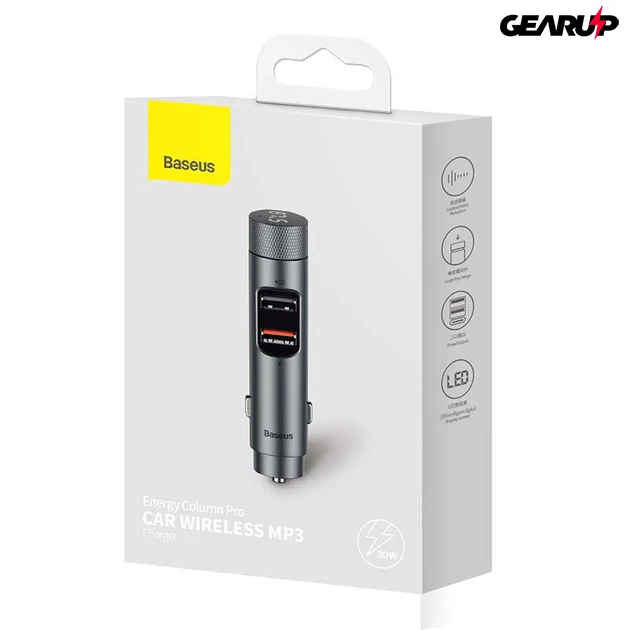 Kép 6/6 - Baseus MP3 Energy Column Pro szivargyújtós töltő, Bluetooth 5.0, 2 x USB, 30W (szürke)