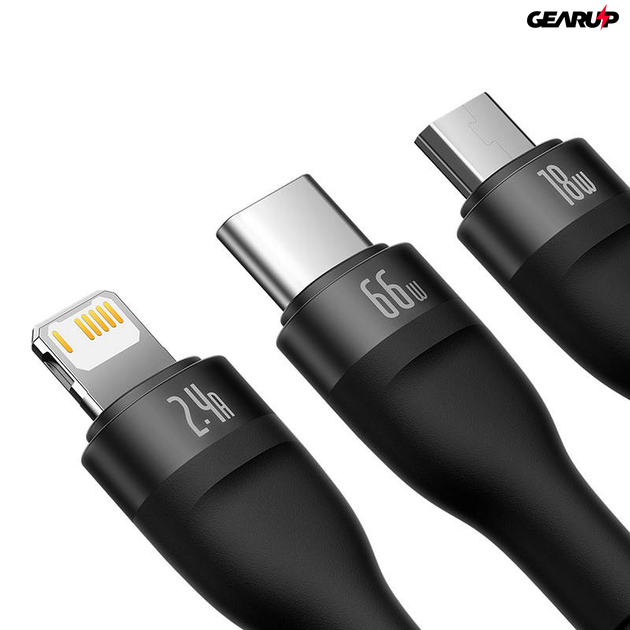 Baseus Flash II Series 3 az 1-ben USB kábel, USB-C + micro USB + Lightning, 66W, 1,2m (fekete)