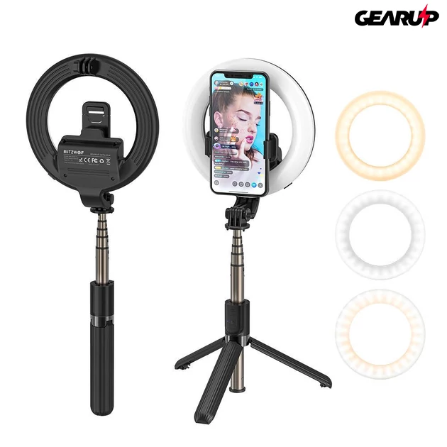 Kép 2/5 - BlitzWolf BW-BS8 Pro 3 az 1-ben selfie bot és állvány, LED gyűrűs lámpával