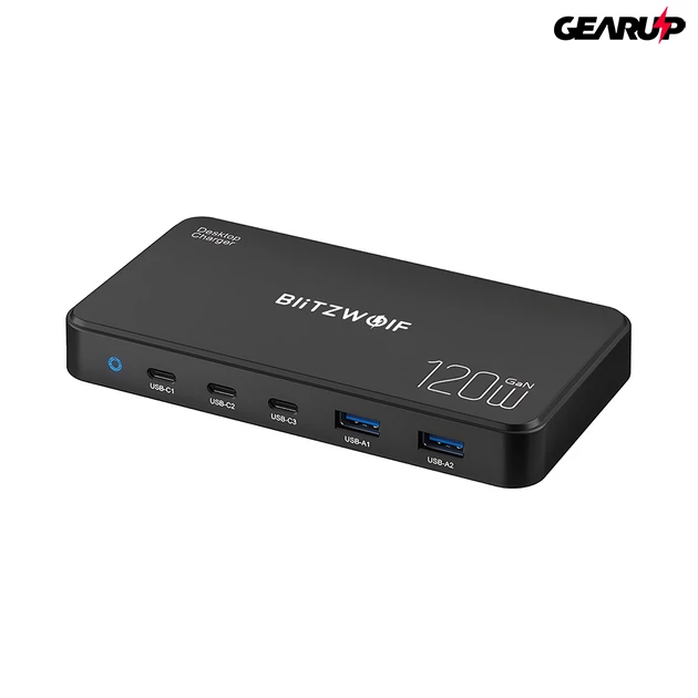 Kép 1/2 - BlitzWolf BW-I100 asztali GaN töltő 5 töltőporttal, 120W