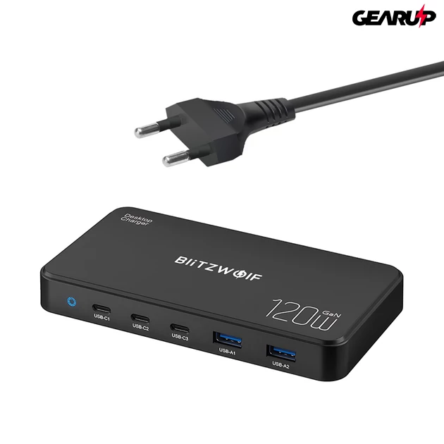 Kép 2/2 - BlitzWolf BW-I100 asztali GaN töltő 5 töltőporttal, 120W