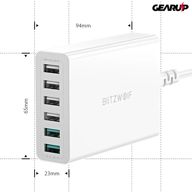 Kép 7/7 - BlitzWolf BW-S15 gyorstöltő 6 féle kimenettel, 60W - Fehér
