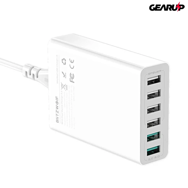 Kép 2/7 - BlitzWolf BW-S15 gyorstöltő 6 féle kimenettel, 60W - Fehér