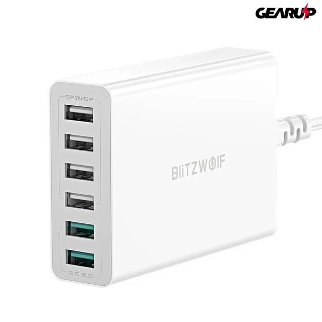 Kép 1/7 - BlitzWolf BW-S15 gyorstöltő 6 féle kimenettel, 60W - Fehér