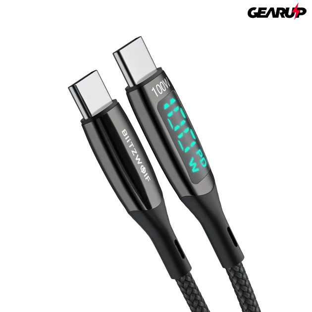 Kép 1/6 - BlitzWolf® BW-TC23: Type-C kábel extra erős bevonattal és LED kijelzővel, gyorstöltéshez 100W - 1,8m