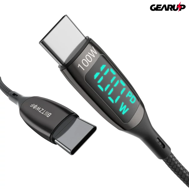 Kép 2/6 - BlitzWolf BW-TC23 Type-C kábel extra erős bevonattal és LED kijelzővel, gyorstöltéshez 100W - 1,8m