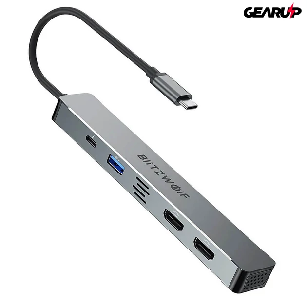 Kép 1/5 - BlitzWolf BW-TH11 5 az 1-ben elosztó két HDMI és VGA kimenettel, 100W - új verzió