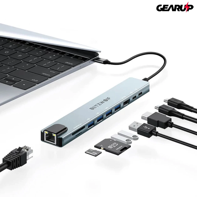 Kép 4/4 - BlitzWolf BW-TH5 10 az 1-ben elosztó HDMI, USB, memóriakártya és hálózati csatlakozókkal, 100W - új verzió