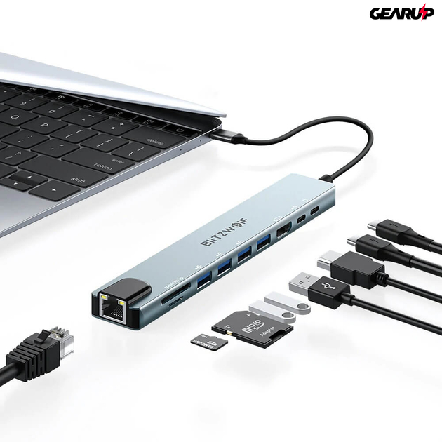 BlitzWolf BW-TH5 10 az 1-ben elosztó HDMI, USB, memóriakártya és hálózati csatlakozókkal, 100W - új verzió
